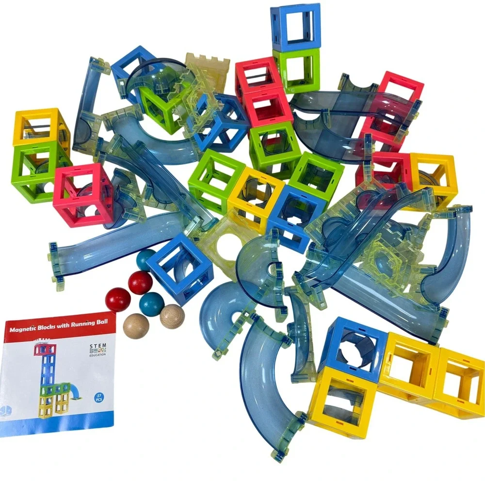 Magnetic Blocks with Running Ball STEM Building Set 54 Pieces Wooden BallsManual